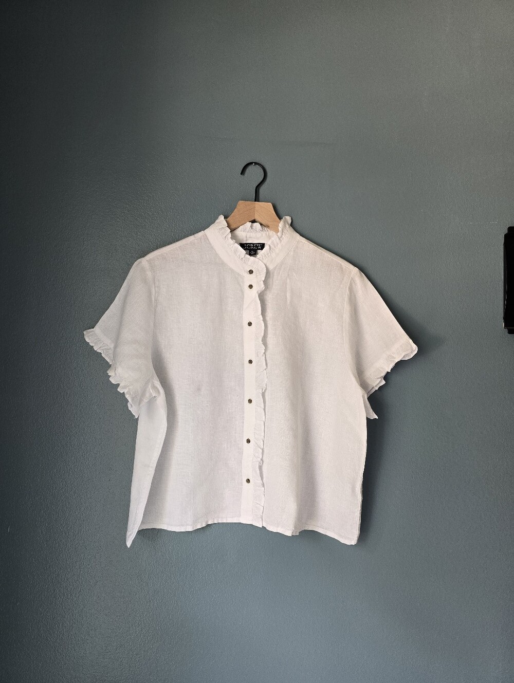 J. Crew White Ruffle-Trim Button Down Linen Shirt